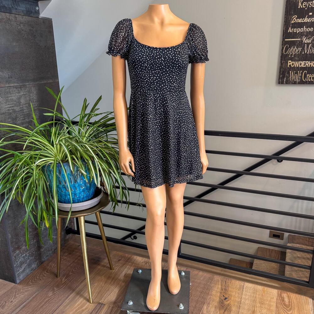 Altar'd State Black White Polka Dot Fit & Flare Puff Sleeve Mini Dress - Large